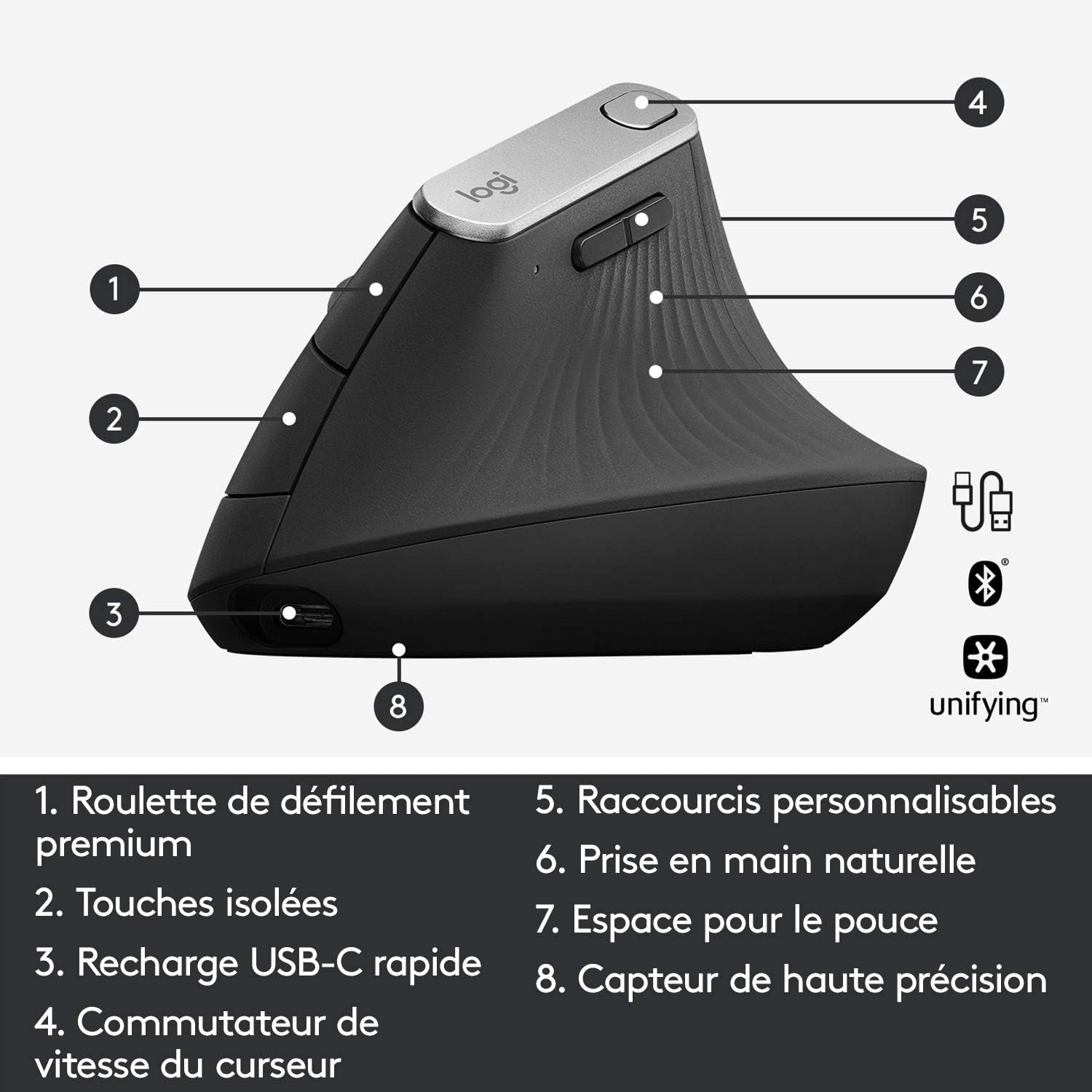 MX Vertical Souris Ergonomique Sans Fil | Multi-Dispositifs, Bluetooth/2,4 Ghz, Récepteur USB Unifying, 4000 PPP, 4 Boutons, Charge Rapide, Pc/Mac/Ipad OS - Graphite
