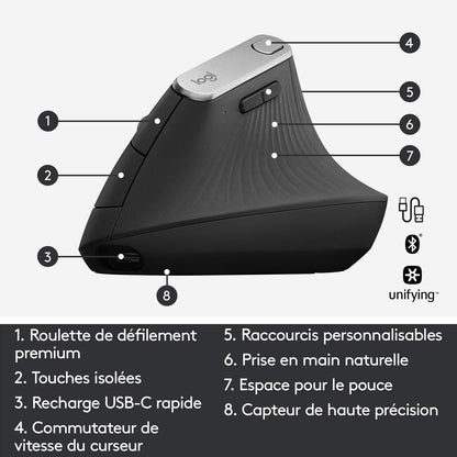 MX Vertical Souris Ergonomique Sans Fil | Multi-Dispositifs, Bluetooth/2,4 Ghz, Récepteur USB Unifying, 4000 PPP, 4 Boutons, Charge Rapide, Pc/Mac/Ipad OS - Graphite