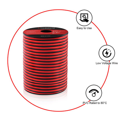 Fil Électrique 30 M - 14 AWG - 2 X 2,0 Mm² - Câble D'Alimentation À 2 Fils - 5 V/12 V/24 V - Câble D'Alimentation En Aluminium Plaqué Cuivre - Flexible Et Doux - Faible Impédance