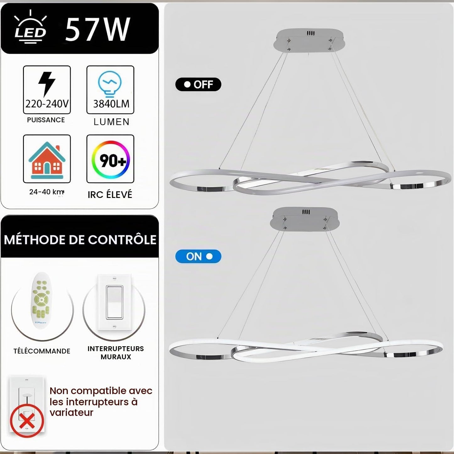 Suspension LED Table À Manger Lampe Suspendue À Intensité Variable Avec Télécommande À Suspension Design Linéaire Lampe Lustre Réglable En Hauteur Lampe De Cuisine (L100Cm/57W) Chrome