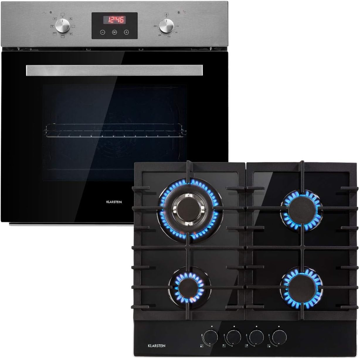 Kalahari Ignito Set - Four + Plaque De Cuisson Encastrables, Gaz & Électrique - Plaque Cuisson 4 Zones Vitrocéramique - Four :68 L/Classe A, 50-250 °C, Noir, Acier Inoxydable