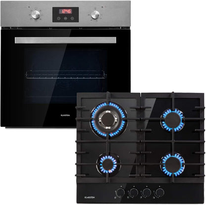 Kalahari Ignito Set - Four + Plaque De Cuisson Encastrables, Gaz & Électrique - Plaque Cuisson 4 Zones Vitrocéramique - Four :68 L/Classe A, 50-250 °C, Noir, Acier Inoxydable