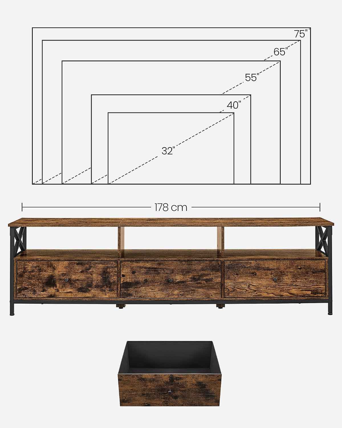 Meuble TV Pour Télévision Jusqu'À 80 Pouces, Support Télé, 3 Tiroirs En Tissu, 3 Étagères, 178 X 40 X 50 Cm, Salon, Chambre, Cadre En Acier, Marron Rustique Et Noir LTV303KD01