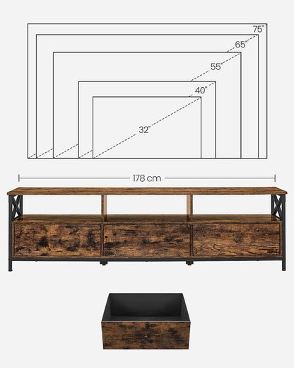 Meuble TV Pour Télévision Jusqu'À 80 Pouces, Support Télé, 3 Tiroirs En Tissu, 3 Étagères, 178 X 40 X 50 Cm, Salon, Chambre, Cadre En Acier, Marron Rustique Et Noir LTV303KD01