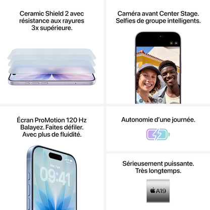 Iphone 17 256 Go : Écran 6,3 Pouces Avec Promotion, Puce A19, Caméra Avant Center Stage, Meilleure Résistance Aux Rayures, Autonomie D’Une Journée ; Noir