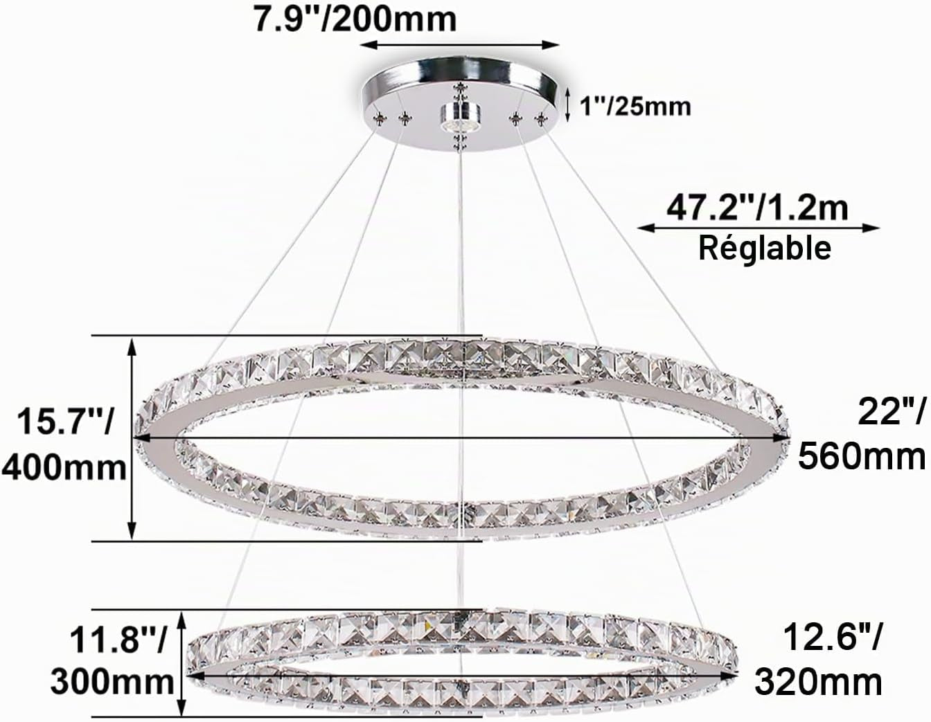 Lustre Moderne En Cristal, Lustre LED Avec Télécommande, Plafonnier Ovale, 2 Anneaux, 56CM 32CM, Suspension Pour Salon, Salle À Manger (Lumière Blanche 6500K)