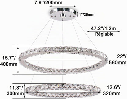Lustre Moderne En Cristal, Lustre LED Avec Télécommande, Plafonnier Ovale, 2 Anneaux, 56CM 32CM, Suspension Pour Salon, Salle À Manger (Lumière Blanche 6500K)