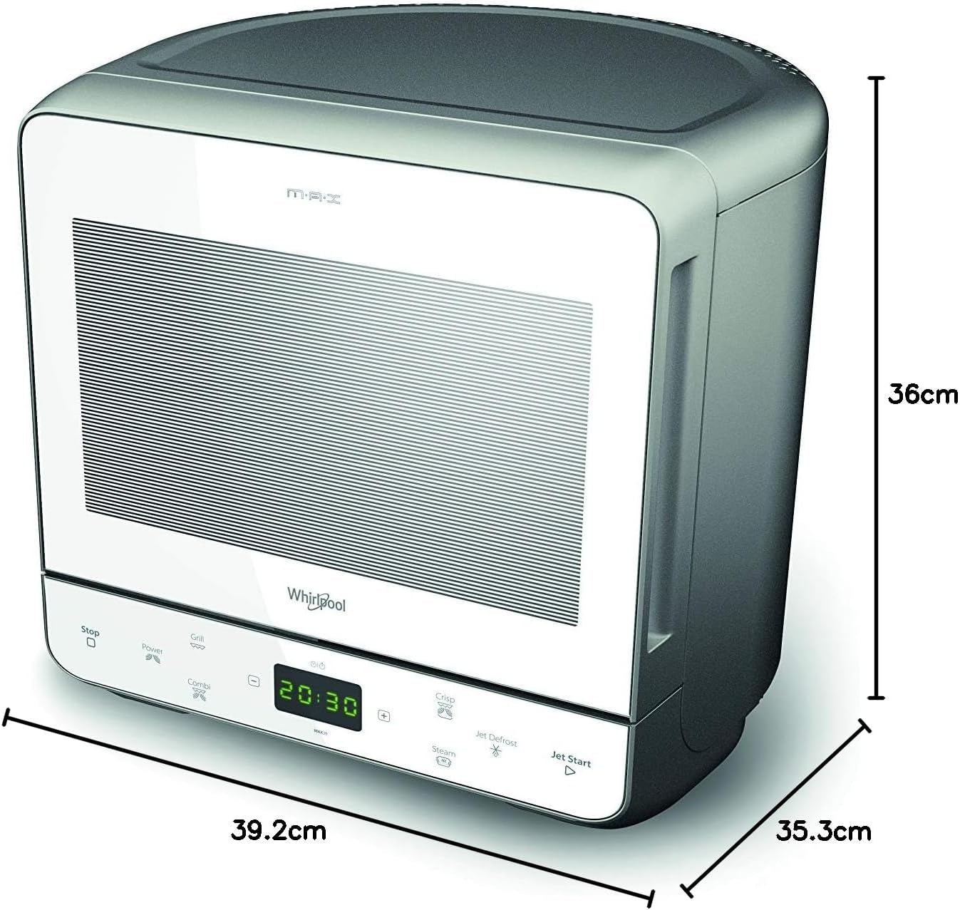 Whirlpool Max 39 WSL - Four À Micro-Ondes Et Grill, 13 Litres, Argenté, Avec Cuit-Vapeur, Grille Haute, Assiette Avec Poignée Amovible Pour Fonction Crisp, Silencieux (0 Décibel), En Acier, Blanc