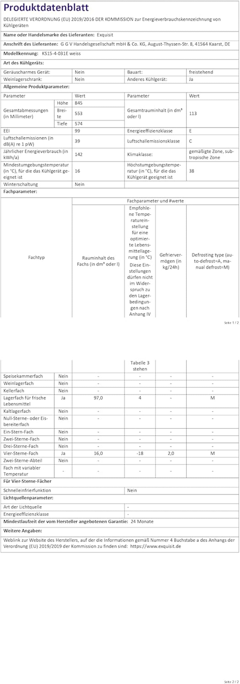 Exquisit Réfrigérateur KS15-4-031E Blanc - Capacité Utile De 113 L - 4 Compartiments De Congélation - Butée De Porte Interchangeable - Compartiment À Légumes