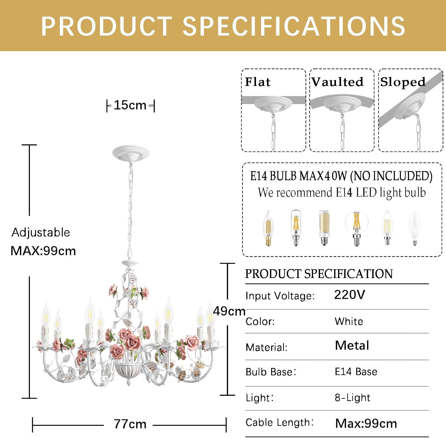 Lustre Blanc Vintage,Lustre Salon En Métal Avec Rose En Céramique Fleurs,Suspension Luminaire À Bougies E14 Française Pour Chambre Salon Enfant Chambre Salle À Manger,8 Lumières