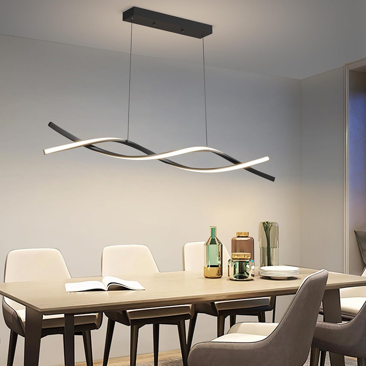 Lampe De Table De Salle À Manger Suspendue 100Cm, Lampe De Table De Salle À Manger Noire Avec Télécommande, Luminosité Réglable De 1% À 100% Et 3 Couleurs De Lumière Chandelier De Cuisine