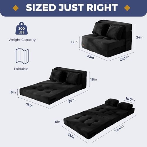 MAXYOYO Convertible Sofa Bed, Fold Out Loveseat Sleeper Sofa with Pillow, 4 in 1 Tufted Folding Couch Bed Foam Floor Couch, Lazy Chair for Living Room Bedroom Guest Room, Dark Grey