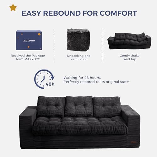 MAXYOYO Bean Bag Chair for Adults, Upholstered Floor Sofa with Armrests, Loveseat Boneless Couch with Tufted Cushion &amp; Backrest, Sofa in A Box, Large Bean Bag Couch for Bedroom Living Room, Dark Grey