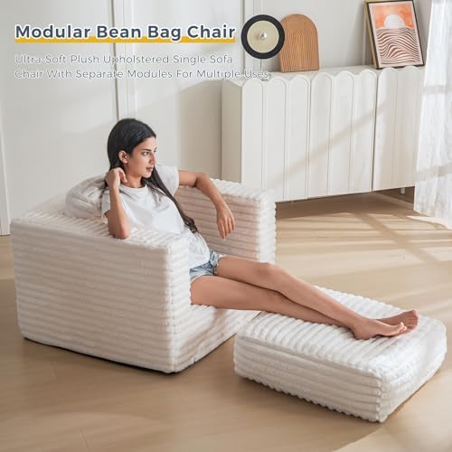 MAXYOYO Giant Bean Bag Chair for Adults, Upholstered Loveseat Floor Sofa with Pillows and Armrests, Large Bean Bag Sofa Plush Chair Bean Bag Couch for Bedroom Living Room, Grey