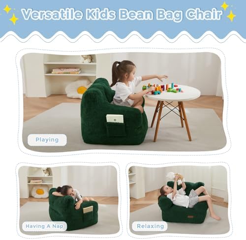 MAXYOYO Kids Sherpa Bean Bag Chair, Boucle Toddler Chair Toddler Bean Bag Couch for Girls and Boys, Teddy Lazy Sofa with Pocket for Playing, Green