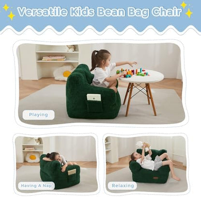 MAXYOYO Kids Sherpa Bean Bag Chair, Boucle Toddler Chair Toddler Bean Bag Couch for Girls and Boys, Teddy Lazy Sofa with Pocket for Playing, Green