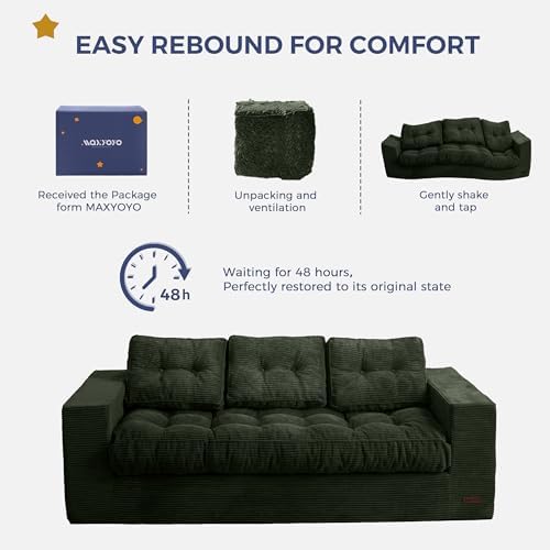 MAXYOYO Bean Bag Chair for Adults, Upholstered Floor Sofa with Armrests, Loveseat Boneless Couch with Tufted Cushion &amp; Backrest, Sofa in A Box, Large Bean Bag Couch for Bedroom Living Room, Dark Grey