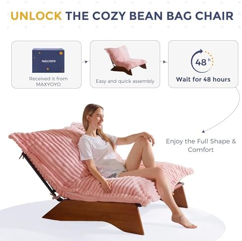MAXYOYO Adjustable Living Room Chair, 3-Position Bean Bag Chair with Removable Cover, Upholstered Accent Chair with Frame, Soft Reclining Lounge for Bedroom, Apartment, Office, Beige