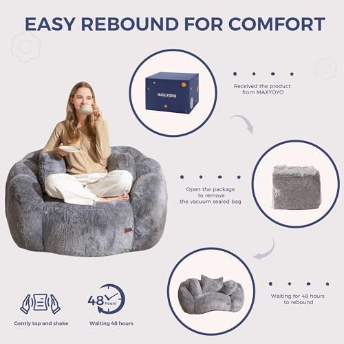 MAXYOYO Bean Bag Chair for Adults, Floral Shaped Bean Bag Sofa, Ultra Soft Faux Fur Floor Sofa, Large Reading Chair for Living Room Bedroom, Beige, Single