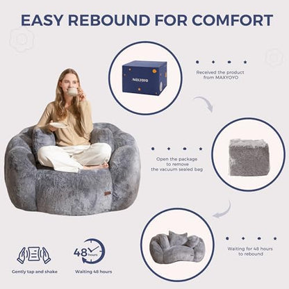 MAXYOYO Bean Bag Chair for Adults, Floral Shaped Bean Bag Sofa, Ultra Soft Faux Fur Floor Sofa, Large Reading Chair for Living Room Bedroom, Beige, Single