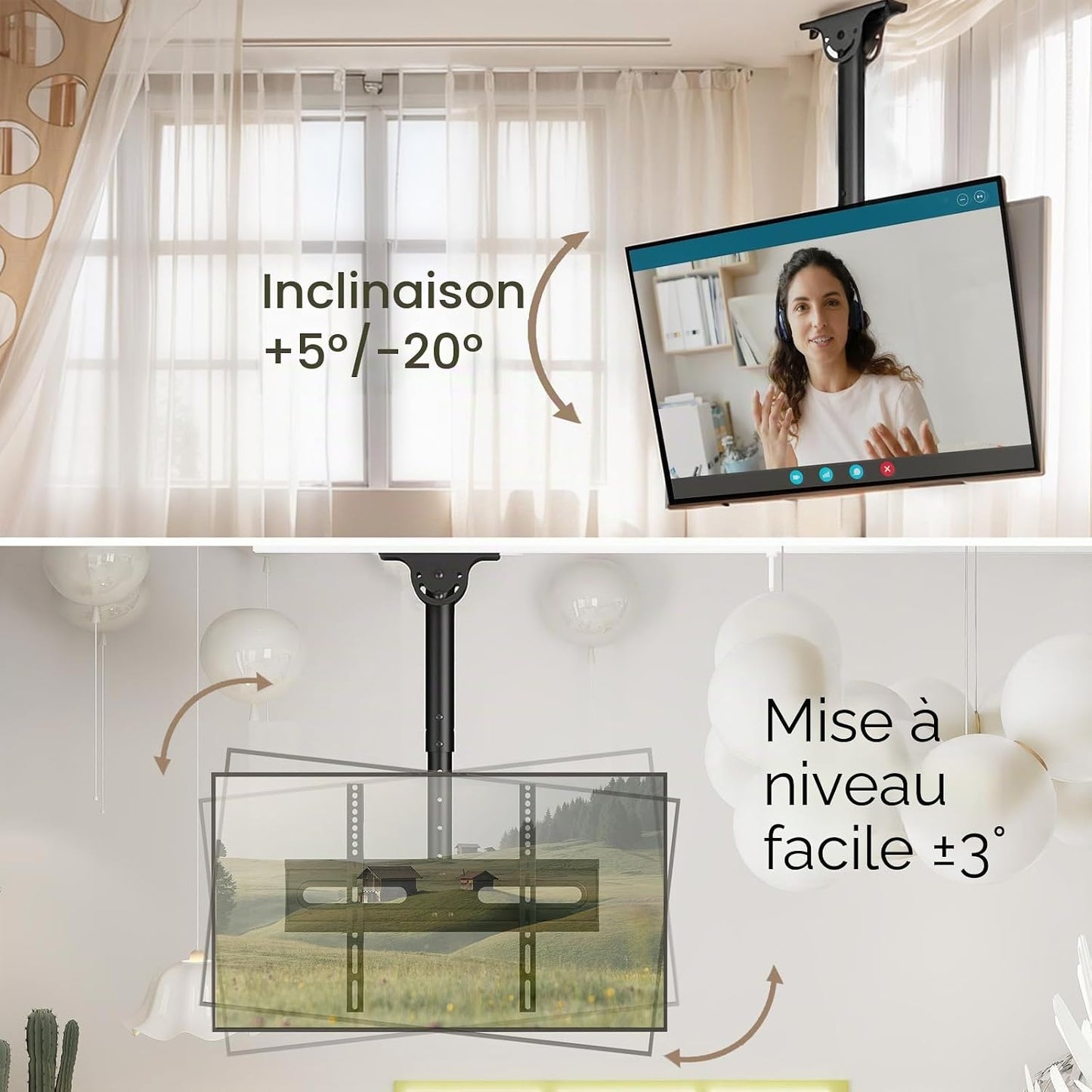 Support TV Plafond Pour Téléviseurs LCD LED Plats/Incurvé De 26 À 65 Pouces, VESA Jusqu'À 400×400Mm Charge 45 Kg, Inclinaison À 20° Et Rotation À 360°, Support Mural TV