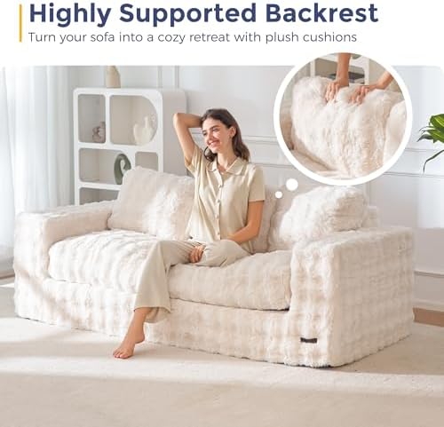 MAXYOYO Loveseat Sofa for Living Room, Small Sofa Couch Tufted Boneless Couch, Comfy Bean Bag Chair for Small Space Bedroom Apartment, No Assembly Needed, Beige