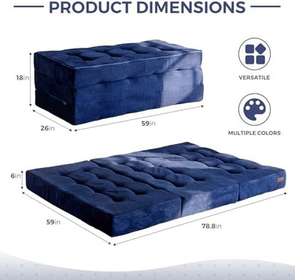 MAXYOYO Tri-Fold Mattress, 6 Inch Tufted Folding Mattress Full Foam Bed, Foldable Floor Couch Guest Bed Topper Portable Camping Sleeper with Corded Fabric, Dark Grey, 53"x75"