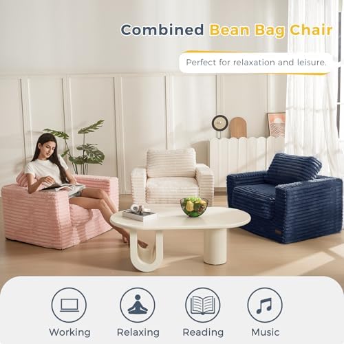 MAXYOYO Giant Bean Bag Chair for Adults, Upholstered Loveseat Floor Sofa with Pillows and Armrests, Large Bean Bag Sofa Plush Chair Bean Bag Couch for Bedroom Living Room, Grey