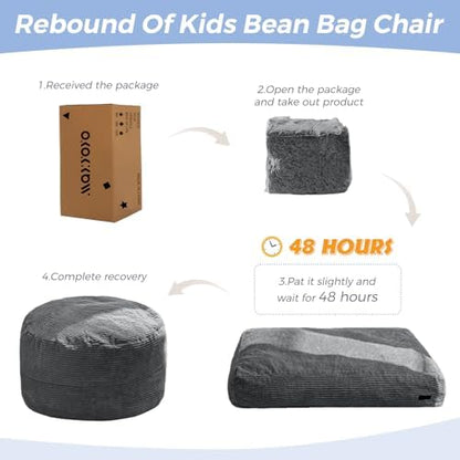 MAXYOYO Bean Bag Chair Bed for Kids, Convertible Bean Bag Folds from Lazy Chair to Floor Mattress Bed, Machine Washable Corded Fabric, Stuffed Floor Sofa Couch for Boys and Girls, Dark Grey