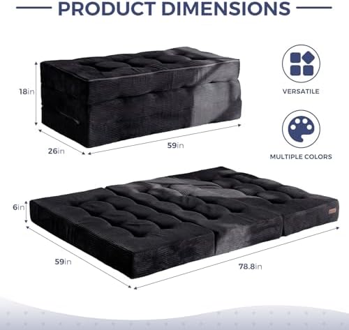 MAXYOYO Tri-Fold Mattress, 6 Inch Tufted Folding Mattress Full Foam Bed, Foldable Floor Couch Guest Bed Topper Portable Camping Sleeper with Corded Fabric, Dark Grey, 53"x75"