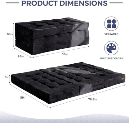 MAXYOYO Tri-Fold Mattress, 6 Inch Tufted Folding Mattress Full Foam Bed, Foldable Floor Couch Guest Bed Topper Portable Camping Sleeper with Corded Fabric, Dark Grey, 53"x75"