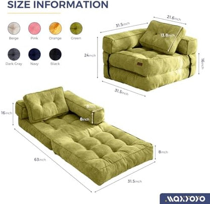 MAXYOYO Folding Sofa Bed, L-Shaped Convertible Sofa Bed with Armrest Foldable Sleeper Sofa with Pillow, Portable Fold Out Chair Bed Comfy Floor Lounge for Living Room Bedroom, Dark Grey