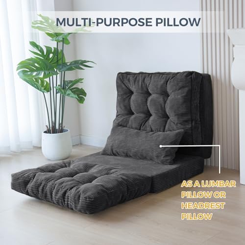 MAXYOYO Bean Bag Bed Tufted Folding Sofa Bed with Pillows, Extra Thick and Long Floor Mattress for Adults, Single Couch Bed for Bedroom Living Room, Beige, 30x91 Inch