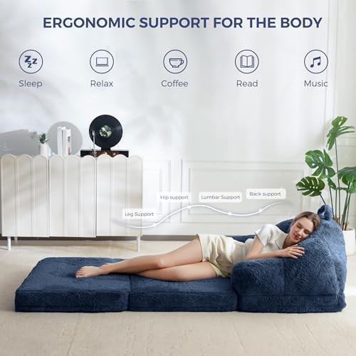 MAXYOYO Folding Sofa Bed, 2 in 1 Convertible Sofa to Lounger Comfy Single Bean Bag Chair for Adults, Floor Sleeper Couch with Handle, Faux Fur Couch Bed for Living Room Bedroom, Pink