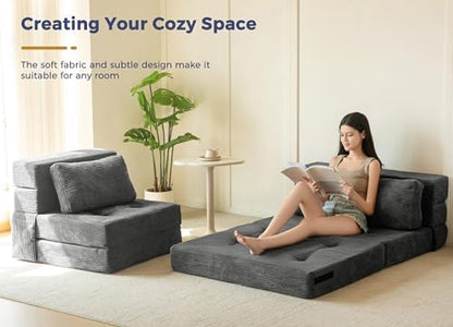 MAXYOYO Convertible Sofa Bed, Fold Out Loveseat Sleeper Sofa with Pillow, 4 in 1 Tufted Folding Couch Bed Foam Floor Couch, Lazy Chair for Living Room Bedroom Guest Room, Dark Grey