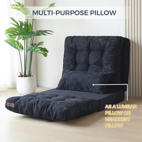 MAXYOYO Bean Bag Bed Tufted Folding Sofa Bed with Pillows, Extra Thick and Long Floor Mattress for Adults, Single Couch Bed for Bedroom Living Room, Beige, 30x91 Inch