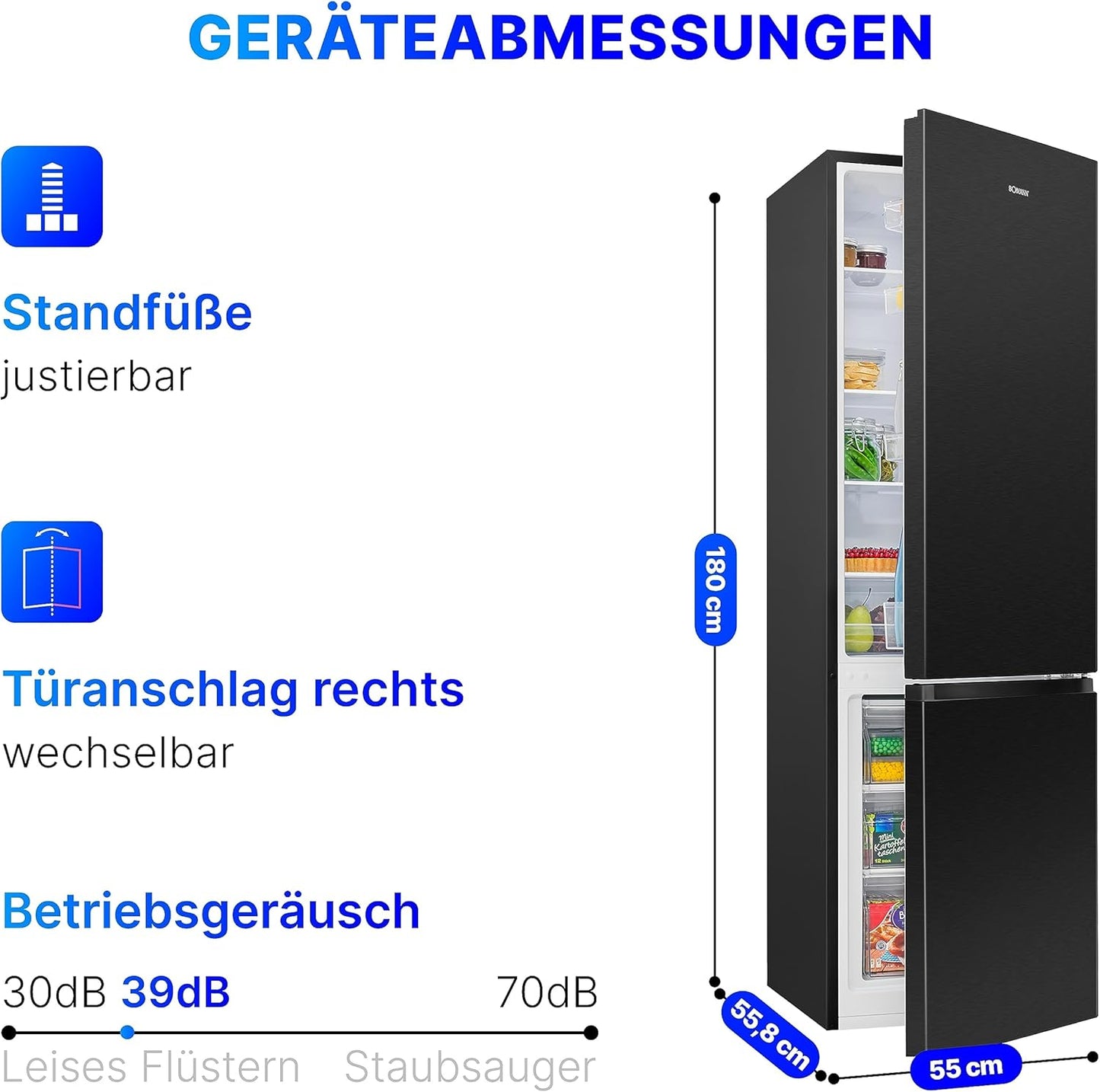 Bomann Réfrigérateur Et Congélateur 269L Noir Kg184-1-Inox/Noir, Capacité Nette : 269 Litres, Contrôle De La Température En Continu, Charnières De Porte À Droite, Interchangeables