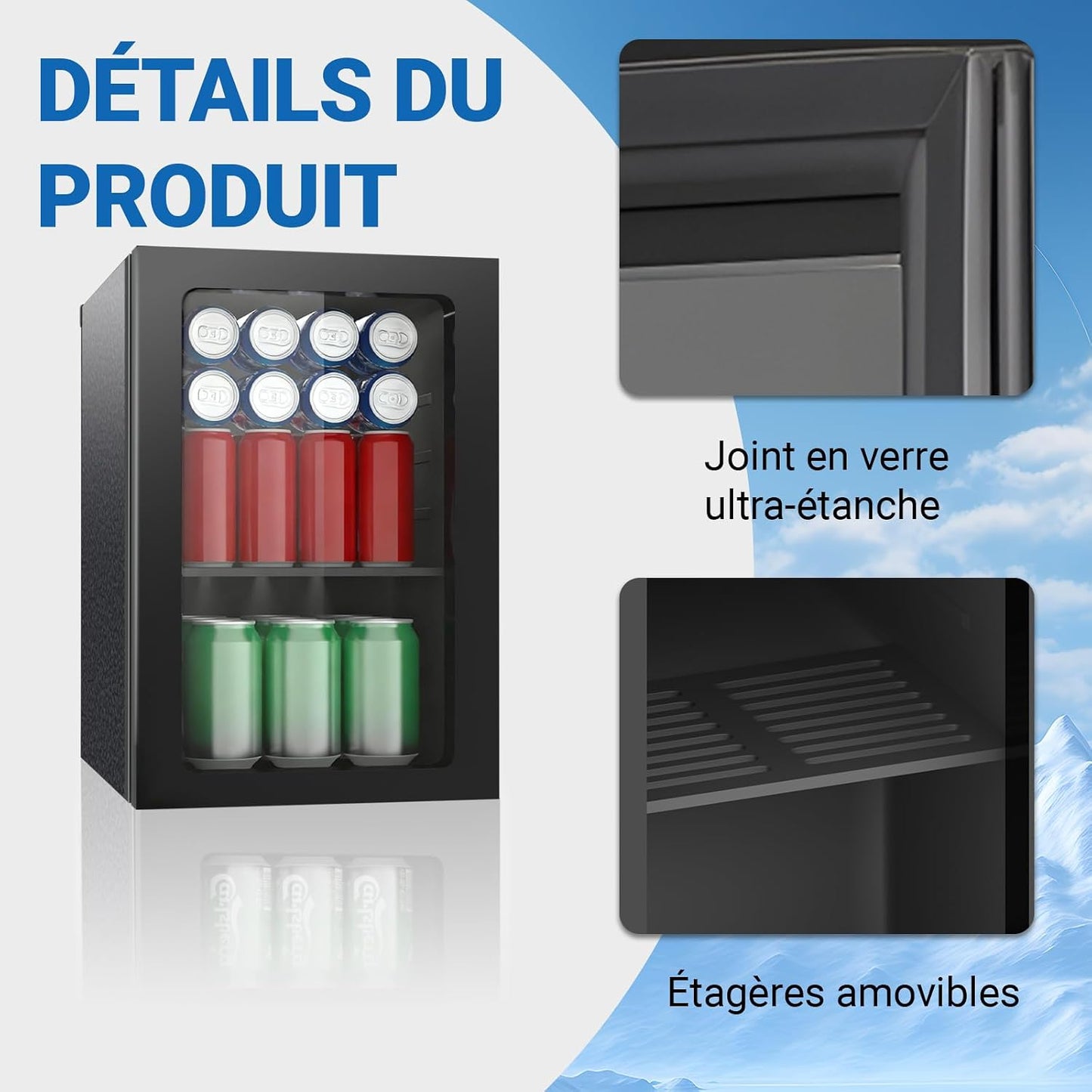 Réfrigérateur De Boissons, 24 Canettes/20 Litres, Mini Réfrigérateur Avec Porte En Transparent Pour Limonade, Bière Ou Vin, Plan De Travail, Réfrigérateur Avec Étagères Amovibles Réglables