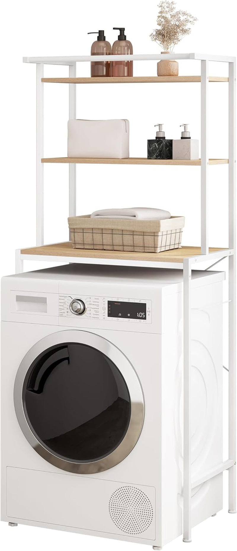Meuble Machine À Laver, Meuble Dessus WC, À 3 Niveaux, Avec Barre De Suspension, Chêne Clair + Blanc, 67X40X162Cm | 3 Niveaux ; Barre De Suspension ; Autoportante ; Salle De Bain Ou Buanderie
