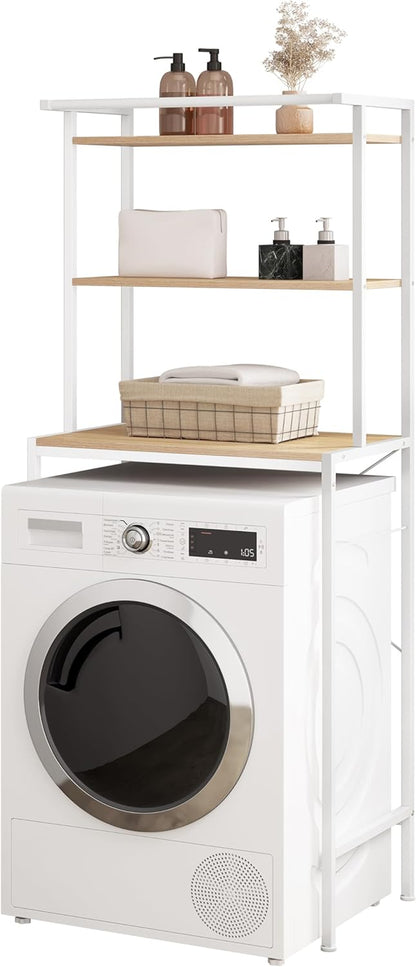 Meuble Machine À Laver, Meuble Dessus WC, À 3 Niveaux, Avec Barre De Suspension, Chêne Clair + Blanc, 67X40X162Cm | 3 Niveaux ; Barre De Suspension ; Autoportante ; Salle De Bain Ou Buanderie
