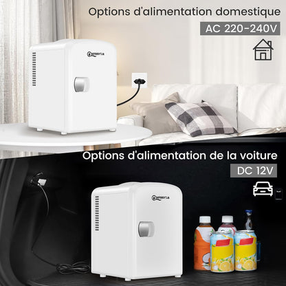 Mini Frigo Portable 4L, Mini Réfrigérateur Cosmétique, Mini Glacière Électrique, Fonction Froid/Chaud, Avec Câble AC 220V/ DC 12V Pour Voiture, Bureau, Chambre (Blanc)