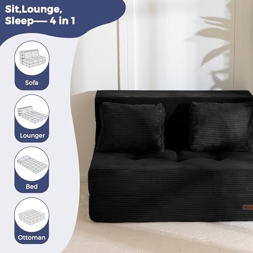 MAXYOYO Convertible Sofa Bed, Fold Out Loveseat Sleeper Sofa with Pillow, 4 in 1 Tufted Folding Couch Bed Foam Floor Couch, Lazy Chair for Living Room Bedroom Guest Room, Dark Grey