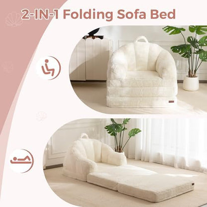 MAXYOYO Folding Sofa Bed, 2 in 1 Convertible Sofa to Lounger Comfy Single Bean Bag Chair for Adults, Floor Sleeper Couch with Handle, Faux Fur Couch Bed for Living Room Bedroom, Pink