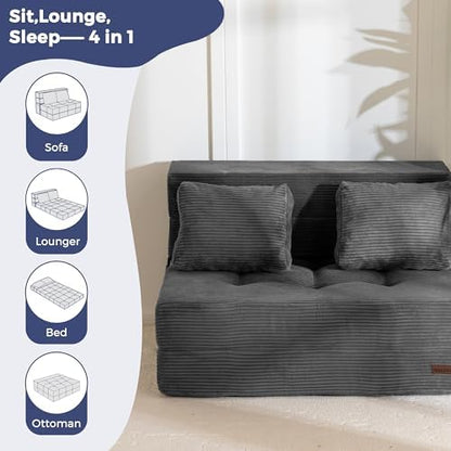 MAXYOYO Convertible Sofa Bed, Fold Out Loveseat Sleeper Sofa with Pillow, 4 in 1 Tufted Folding Couch Bed Foam Floor Couch, Lazy Chair for Living Room Bedroom Guest Room, Dark Grey