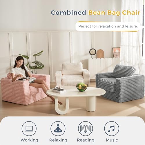 MAXYOYO Giant Bean Bag Chair for Adults, Upholstered Loveseat Floor Sofa with Pillows and Armrests, Large Bean Bag Sofa Plush Chair Bean Bag Couch for Bedroom Living Room, Grey