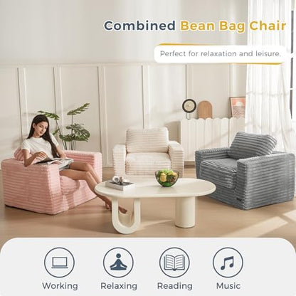 MAXYOYO Giant Bean Bag Chair for Adults, Upholstered Loveseat Floor Sofa with Pillows and Armrests, Large Bean Bag Sofa Plush Chair Bean Bag Couch for Bedroom Living Room, Grey