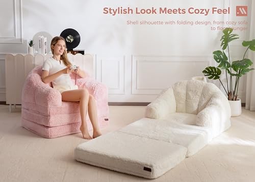 MAXYOYO Folding Sofa Bed, 2 in 1 Convertible Sofa to Lounger Comfy Single Bean Bag Chair for Adults, Floor Sleeper Couch with Handle, Faux Fur Couch Bed for Living Room Bedroom, Pink