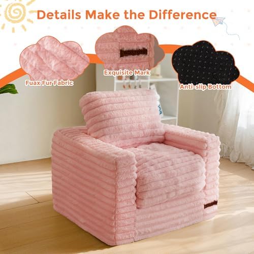 MAXYOYO Kids Bean Bag Chair, Comfy Faux Fur Bean Bag Sofa with Filler, Upholstered Floor Sofa with Pillows and Armrests, Lazy Floor Chair Couch for Boys and Girls, Pink