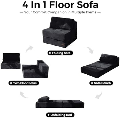 MAXYOYO Folding Sofa Bed, Convertible Sofa Bed with High-Density Support Foam, Portable 4 in 1 Fold Out Chair to Floor Lounger, Versatile Floor Couch for Living Room Bedroom, Dark Grey