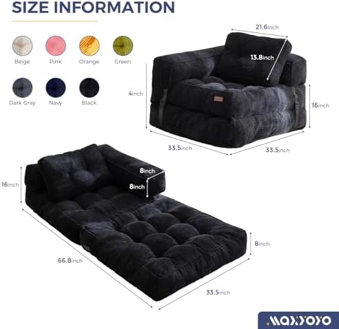 MAXYOYO Folding Sofa Bed, L-Shaped Convertible Sofa Bed with Armrest Foldable Sleeper Sofa with Pillow, Portable Fold Out Chair Bed Comfy Floor Lounge for Living Room Bedroom, Dark Grey